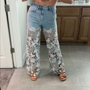 Bayeas crystal lace wide leg jeans sz 28